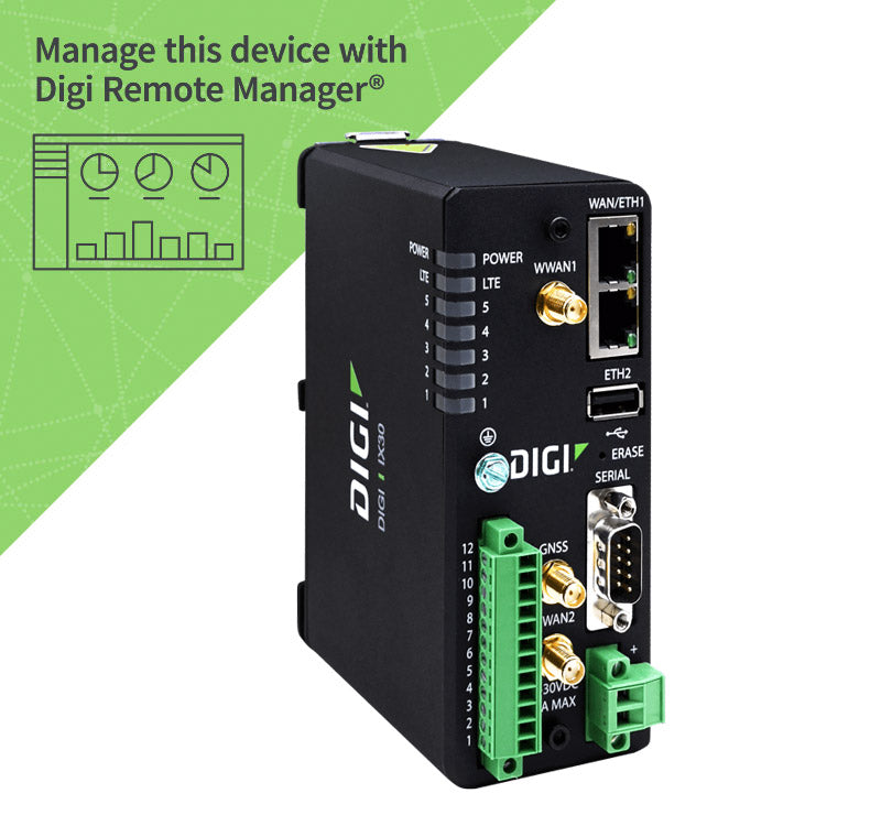 Digi 360 Cellular Solution Package for Digi IX30 (1 year) - LTE Cat 4, GNSS, Worldwide, Dual Ethernet, DB9M RS-232/422/485, USB 2.0, GPIOs, No Accessories.