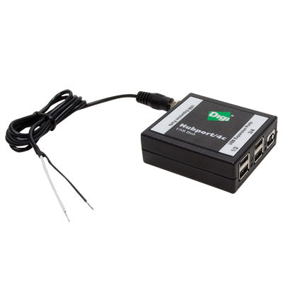 Digi Hubport/4c 5.5-30VDC powered USB 2.0 hub, extended temp -40C to 70C, non-captive connector (includes 1meter power connector pigtail and 5 meter A to B USB cable)