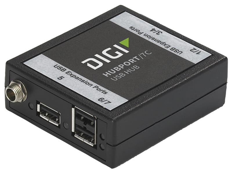 Digi Hubport/7c 5.5-30VDC powered USB 2.0 hub, extended temp -40C to 70C, non-captive USB connector (includes 1meter power connector pigtail and 5 meter A to B USB cable)