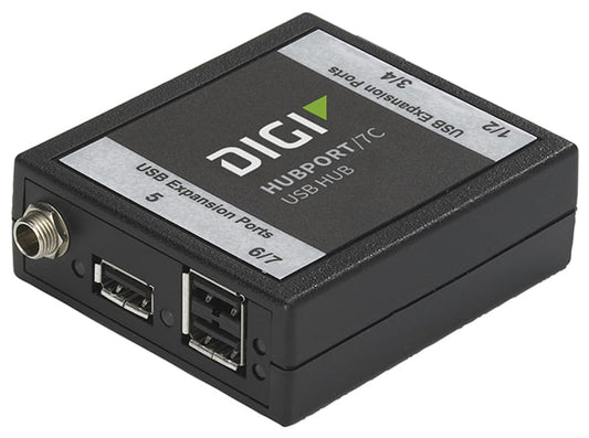 Digi Hubport/7c 5.5-30VDC powered USB 2.0 hub, extended temp -40C to 70C, non-captive USB connector (includes 1meter power connector pigtail and 5 meter A to B USB cable)