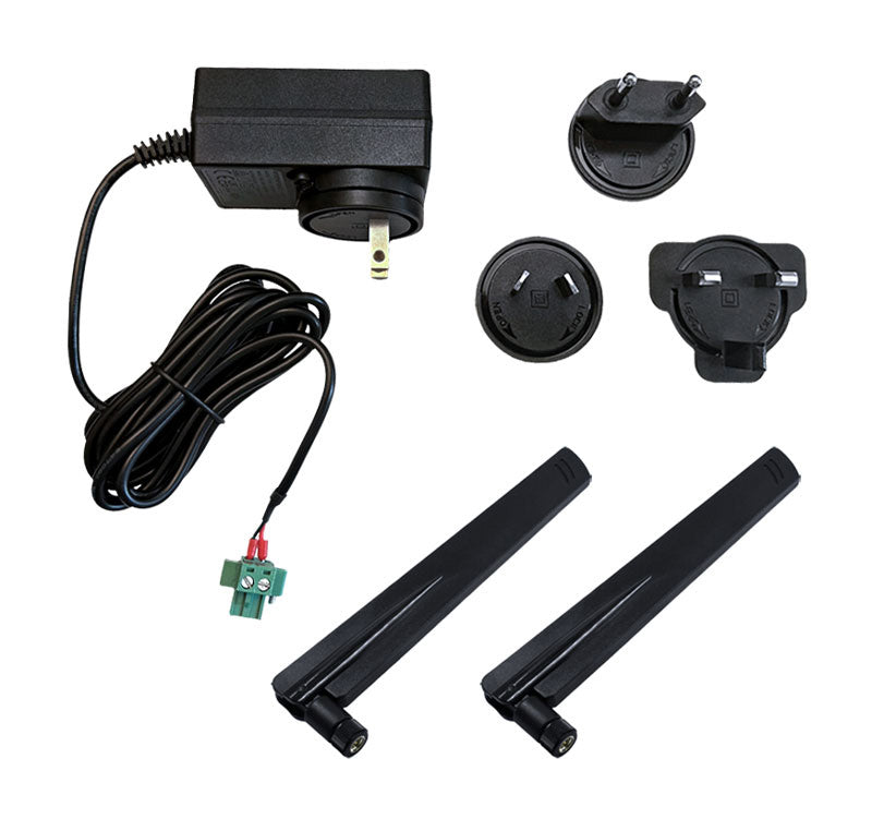 IX 4G Accessory Kit Power Supply,18VDC 1.66A Wallmount Level VI, Ind. temp, Changeable plug tips, 2pin Combicon screw terminal plug 2x Cellular Antennas, Multi-Band 600-6000MHz Black Swivel