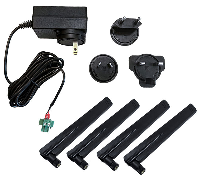 IX 5G Accessory Kit Power Supply,18VDC 1.66A Wallmount Level VI, Ind. temp, Changeable plug tips, 2pin Combicon screw terminal plug 4x Cellular Antennas, Multi-Band 600-6000MHz Black Swivel