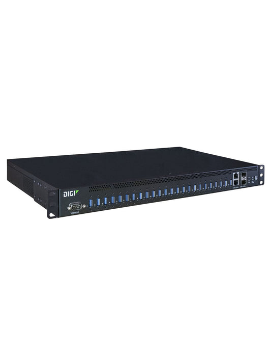 AnywhereUSB 24 Plus, 24 port USB over IP Remote USB 3.1 Hub with 24 type A USB connectors, Dual 100-240VAC Power, Dual 10/100/1000/10G Ethernet, support for optional Dual SFP+ modules, and optional cellular CORE Module