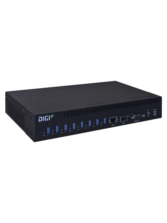 AnywhereUSB 8 Plus, 8 port USB over IP Remote USB 3.1 Hub with 8 type A USB connectors, includes external power supply for 100-240VAC Power, 10/100/1000/10G Ethernet, support for optional SFP+ module, and optional cellular CORE Module