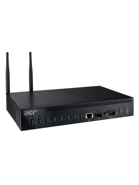 AnywhereUSB 8 Plus with Wi-Fi, 8 port USB over IP Remote USB 3.1 Hub with 8 type A USB connectors, 100-240VAC Power, 10/100/1000/10G Ethernet, Wi-Fi, support for optional SFP+ module, and optional cellular CORE Module
