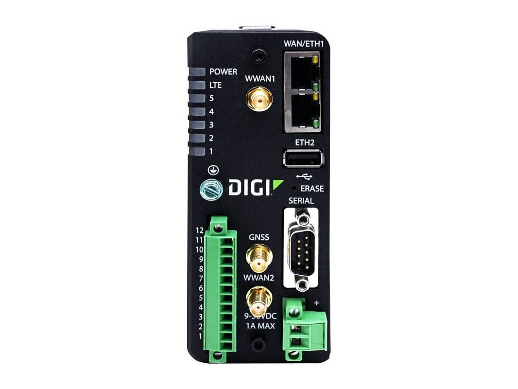 Digi IX30 - LTE Cat 4, GNSS, Worldwide, Dual Ethernet, DB9M RS-232/422/485, USB 2.0, GPIOs, No Accessories.