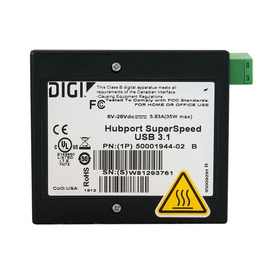 Digi Hubport 7, 6-30VDC powered USB 3.1 hub, extended temp -40C to 70C, industrial grade enclosure