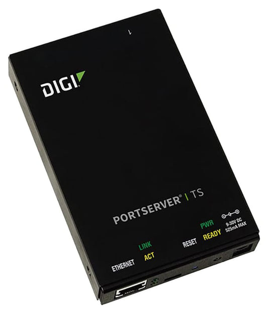 Digi PortServer TS 1 port RS-232 RJ-45 Serial to Ethernet Device Server, 9-30VDC includes 12V/.5A Wall Mount power supply with international plug kit
