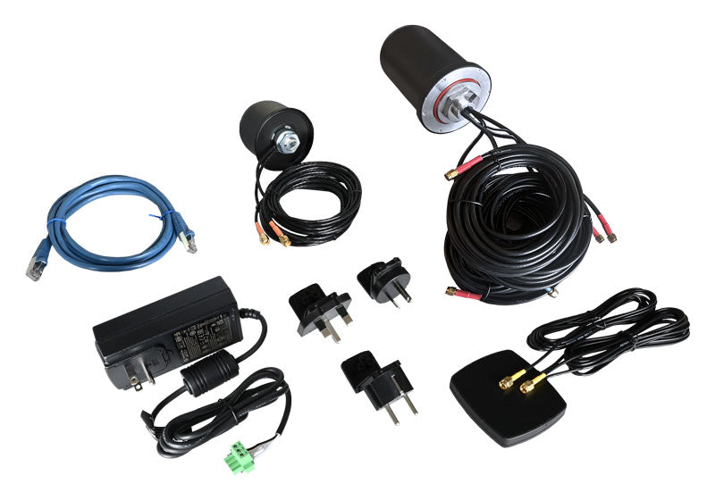 TX54-A256 5G accessory kit to aid in initial evaluation. Contains: AC/DC Power Supply, 12Vdc; US, EU, UK, AUS Plugs; Ethernet Cable; 5-in-1 Cellular Antenna 4G/5G MIMO 4x4 + GNSS, Dome, 5m cable; Cellular Antenna 4G/5G MIMO 2x2, Dome; Antenna Wi-Fi 2.4/5.