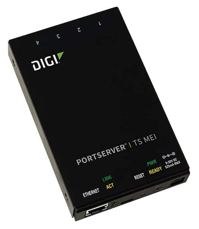 Digi PortServer TS MEI 4 port RS-232/422/485 RJ-45 Serial to Ethernet Device Server, 9-30VDC includes 12V/.5A Wall Mount power supply with international plug kit